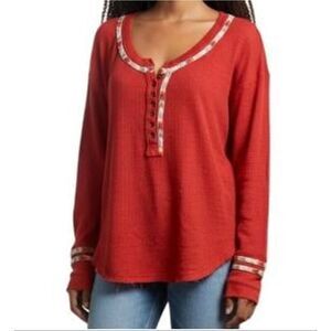 We The Free Rainbow Orange Thermal Henley Top Women’s Size Small Waffle Knit